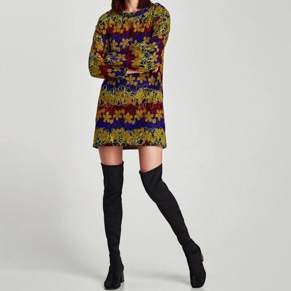 Zara Dresses & Skirts - ZARA Black/Yellow/Red/Blue Yarn LongSleeve Mini Dress Size Medium